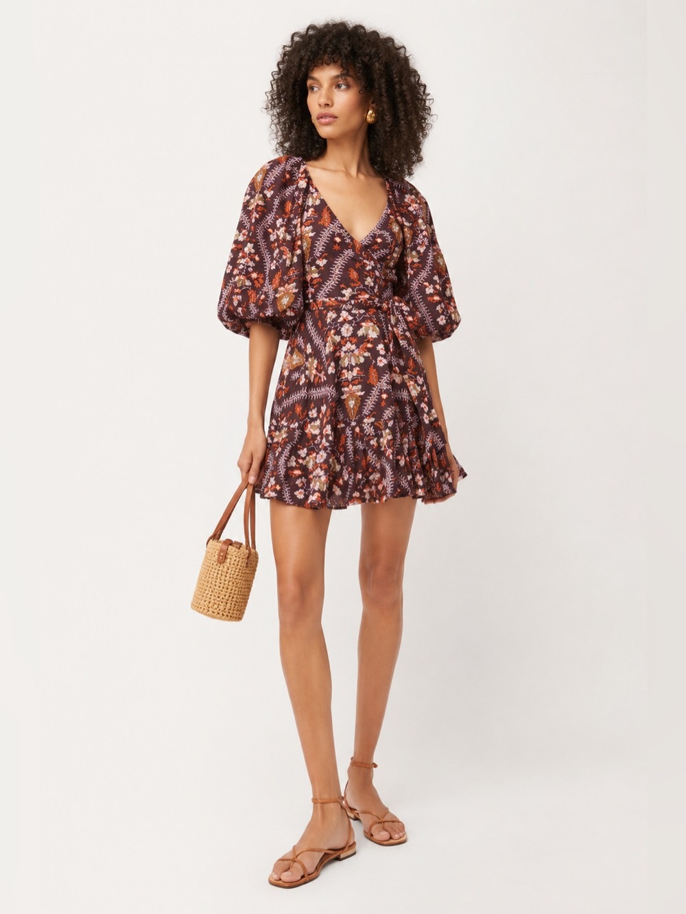 RHODE Floral Puff-Sleeve Mini Dress in Brown and Rust